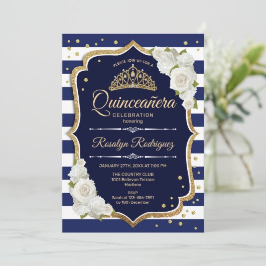 Quinceanera - Navy Gold White Kaart (Staand voorkant)