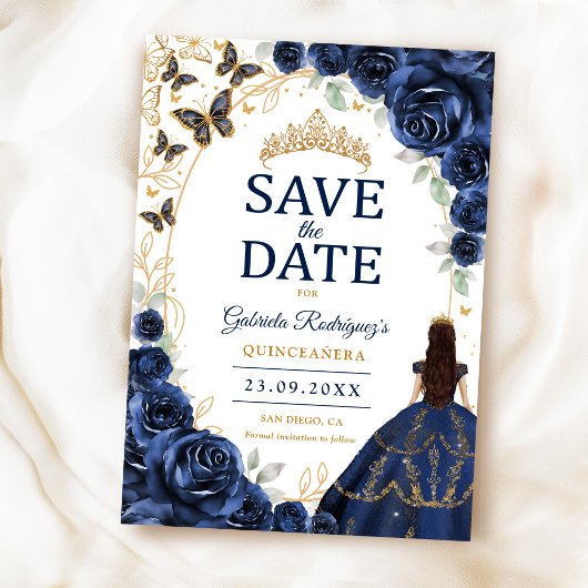 Quinceanera Navy Goud Bloem Save The Date