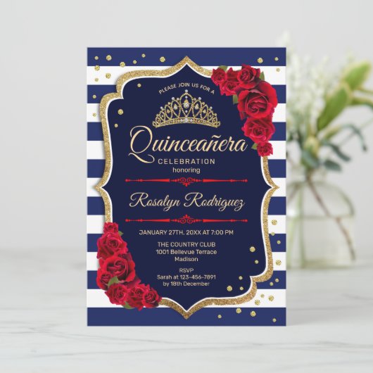 Quinceanera - Navy Goud Rood Kaart (Staand voorkant)
