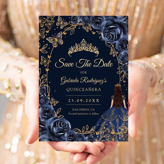 Quinceanera Navy Goud Vlinders Rozen Save The Date