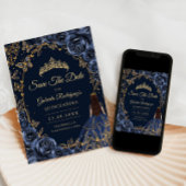 Quinceanera Navy Goud Vlinders Rozen Save The Date