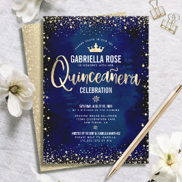 Quinceañera Navy Gouden Glitter Folie Prinses Kroo Kaart