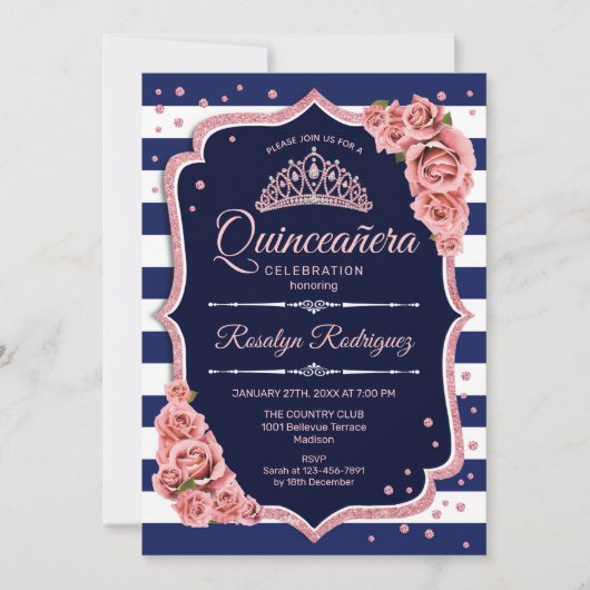 Quinceanera - Navy Roos Gold Kaart (Voorkant)