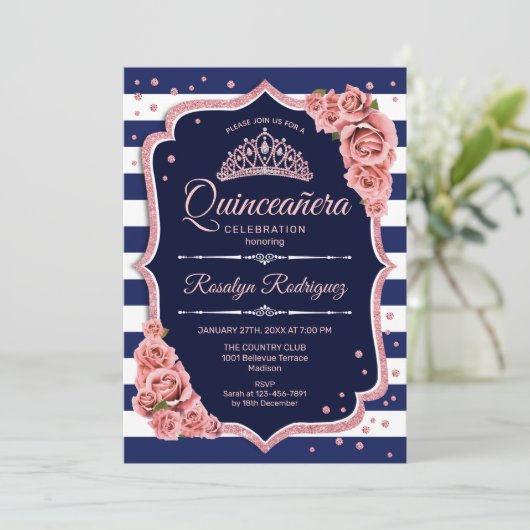 Quinceanera - Navy Roos Gold Kaart (Staand voorkant)