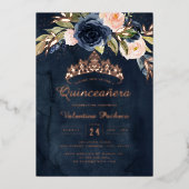 Quinceanera Navy Roze Rose Goud Bloemen Folie Uitnodiging (Voorkant)