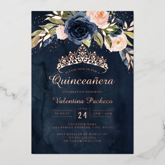 Quinceanera Navy Roze Rose Goud Bloemen Folie Uitnodiging (Voorkant)