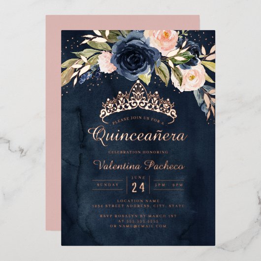 Quinceanera Navy Roze Rose Goud Bloemen Folie Uitnodiging (Voorkant / Achterkant)