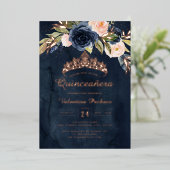 Quinceanera Navy Roze Rose Goud Bloemen Folie Uitnodiging (Staand Voorkant)