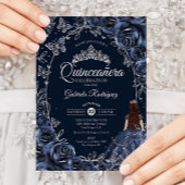 Quinceanera Navy Silver Butterflies Roses Kaart