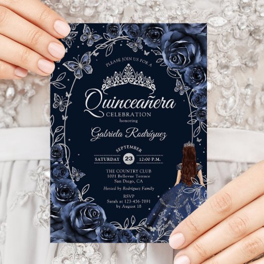 Quinceanera Navy Silver Butterflies Roses Kaart