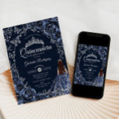 Quinceanera Navy Silver Butterflies Roses Kaart