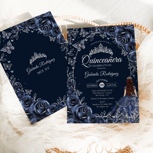 Quinceanera Navy Silver Butterflies Roses Kaart