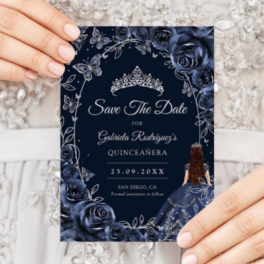 Quinceanera Navy Silver Butterflies Roses Save The Date