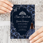 Quinceanera Navy Silver Butterflies Roses Save The Date<br><div class="desc">Navy and silver Quinceanera celebration save the date card. Features brunette girl in ball gown dress,  silver butterflies,  watercolor roses tiara and script font. Perfect for an elegant princess style glam celebration. Personalize with your own details. Printed Zazzle cards or instant download digital printable template.</div>