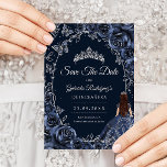Quinceanera Navy Silver Butterflies Roses Save The Date<br><div class="desc">Navy and silver Quinceanera celebration save the date card. Features brunette girl in ball gown dress,  silver butterflies,  watercolor roses tiara and script font. Perfect for an elegant princess style glam celebration. Personalize with your own details. Printed Zazzle cards or instant download digital printable template.</div>