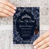 Quinceanera Navy Silver Butterflies Roses Save The Date