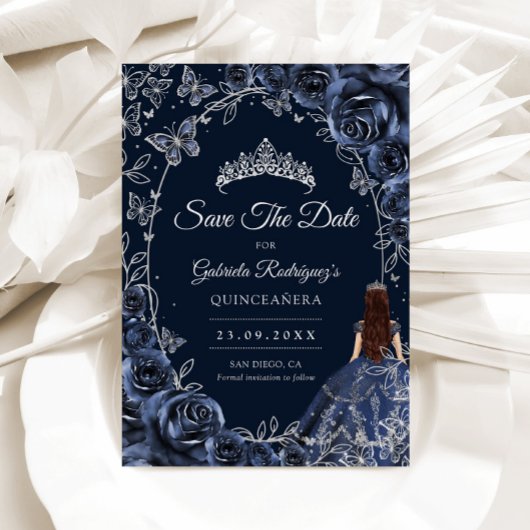 Quinceanera Navy Silver Butterflies Roses Save The Date