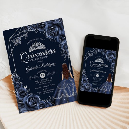 Quinceanera Navy Silver Butterfly Dress Floral Kaart