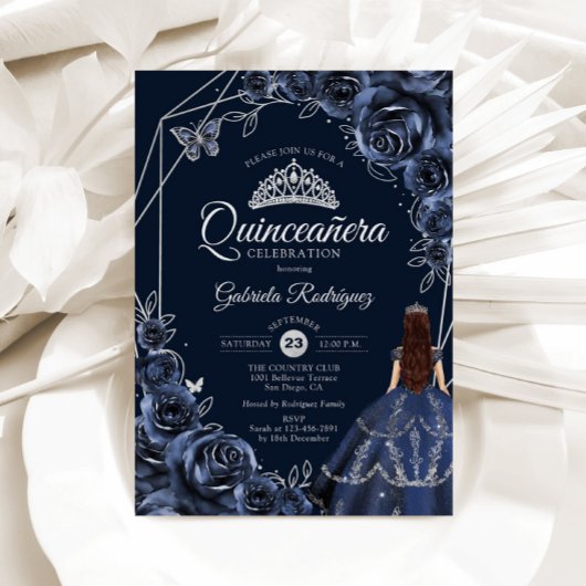 Quinceanera Navy Silver Butterfly Dress Floral Kaart