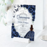 Quinceanera Navy Silver Floral Acryl Uitnodigingen<br><div class="desc">Navy silver and white Quinceanera celebration invitation. Features script font brunette girl in ball gown dress,  silver butterflies,  watercolor roses and tiara. Perfect for an elegant princess style glam celebration. Personalize with your own details. Stylish transparent or frosted acrylic invitations.</div>