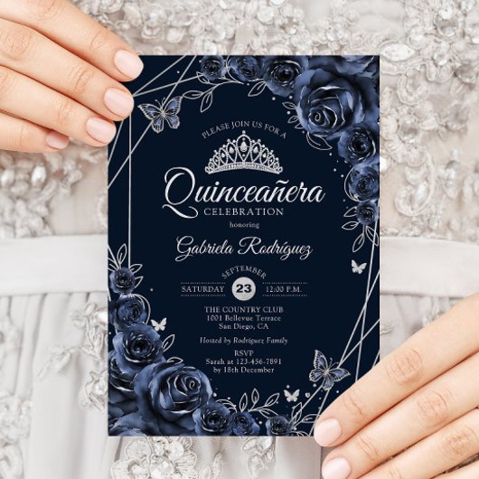 Quinceanera Navy Silver Floral Kaart