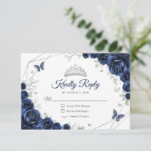 Quinceanera Navy Silver Floral Reply RSVP Kaartje (Staand voorkant)