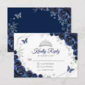 Quinceanera Navy Silver Floral Reply RSVP Kaartje (Voorkant / Achterkant)