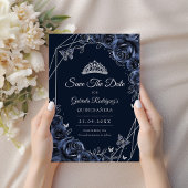 Quinceanera Navy Silver Floral Save The Date