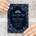 Quinceanera Navy Silver Floral Save The Date<br><div class="desc">Navy blue and silver Quinceanera celebration save the date card. Features,  script font,  glitter silver butterflies,  watercolor roses and tiara. Perfect for an elegant princess style glam celebration. Personalize with your own details. Printed Zazzle cards or instant download digital printable template.</div>