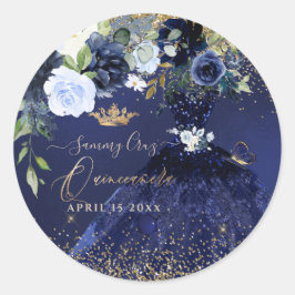 Quinceanera Navy Waterverf Dress Gold Glitter Ronde Sticker