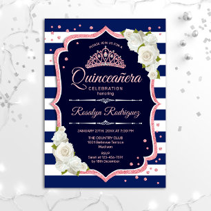 Quinceanera - Navy White Rose Gold Kaart