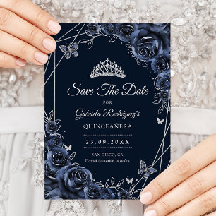 Quinceanera Navy Zilver Bloemstuk Save The Date