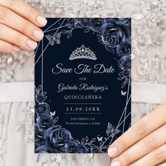 Quinceanera Navy Zilver Bloemstuk Save The Date