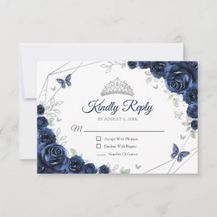 Quinceanera Navy Zilveren Bloemige Reactie RSVP Kaartje