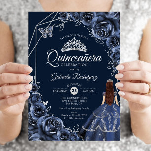 Quinceanera Navy Zilveren Vlinder Jurk Bloem Kaart
