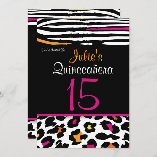 Quinceañera Neon Zebra Animal Print Uitnodiging (Voorkant / Achterkant)