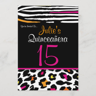 Quinceañera Neon Zebra Animal Print Uitnodiging