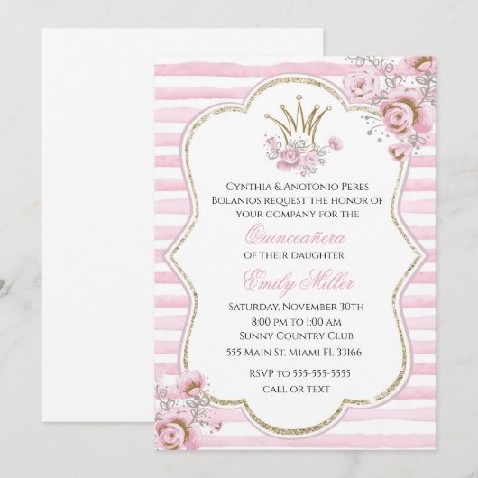 Quinceañera nodigprinses florroze goud kaart (Voorkant / Achterkant)