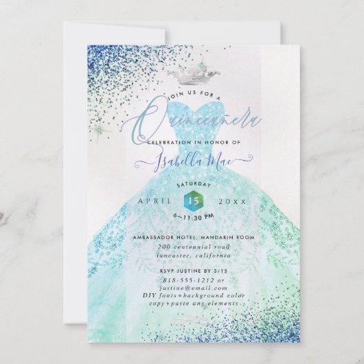 Quinceanera Ombre Aqua Green Glitter Gown Kaart (Achterkant)