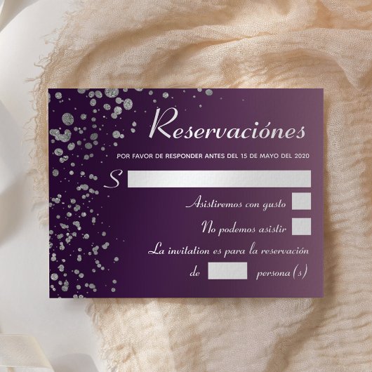 Quinceanera Ombre Paarse Zilver Spaans RSVP Kaart