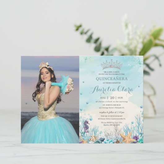 Quinceañera Onder het Zee Beach Shells Foto Kaart (Staand voorkant)