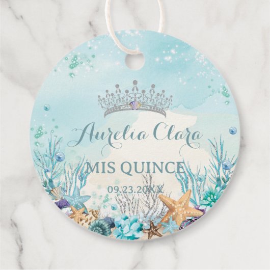 Quinceañera onder het Zee strand Shells Corals Bedankjes Labels (Achterkant)