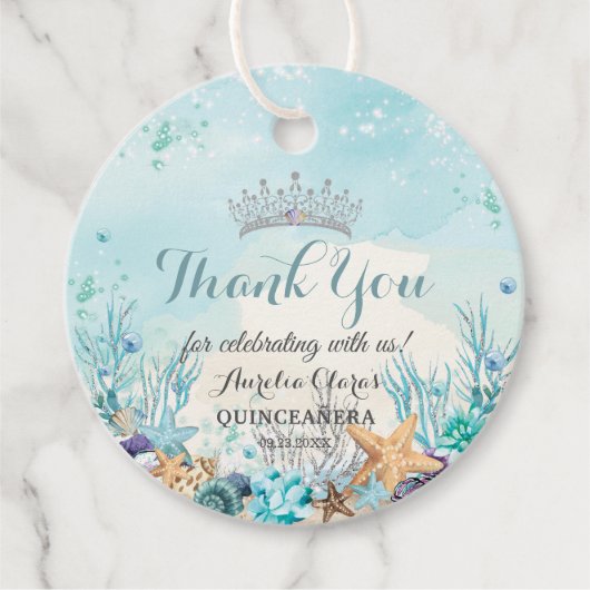 Quinceañera onder het Zee strand Shells Corals Bedankjes Labels (Voorkant)