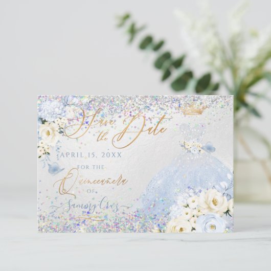 Quinceanera Opslaan Datum Holografische Confetti Kaart (Staand voorkant)