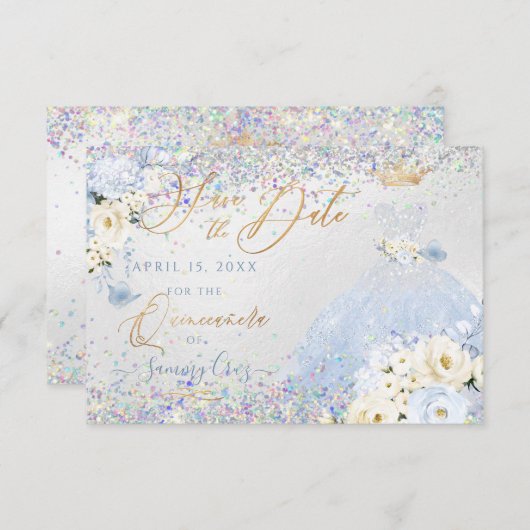 Quinceanera Opslaan Datum Holografische Confetti Kaart (Voorkant / Achterkant)