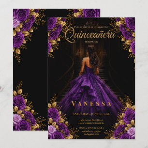 Quinceanera paars en gouden uitnodiging