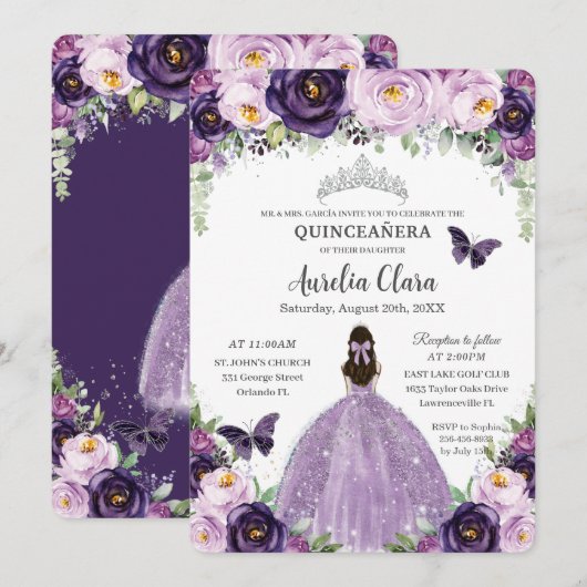 Quinceañera Paars Floral Butterflies Silver Tiara Kaart (Voorkant / Achterkant)
