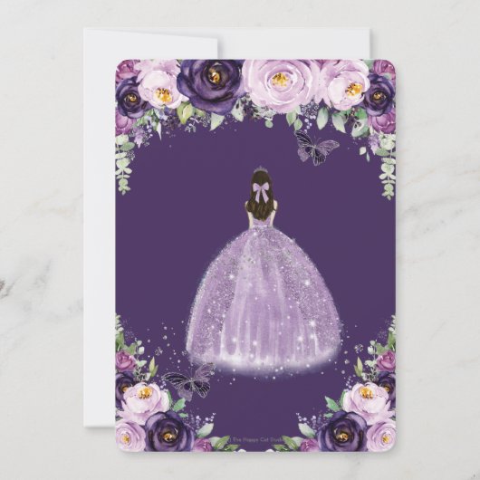 Quinceañera Paars Floral Butterflies Silver Tiara Kaart (Achterkant)