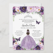 Quinceañera Paars Floral Butterflies Silver Tiara Kaart (Voorkant)