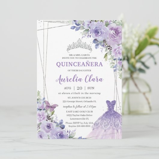Quinceañera Paars Floral Gown Dress Silver Tiara Kaart (Staand voorkant)